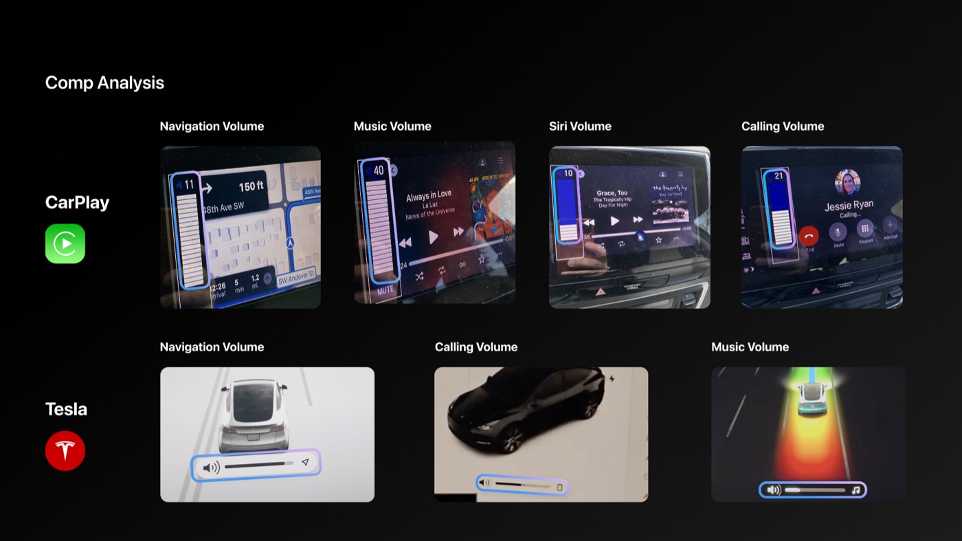 Competitive analysis — CarPlay and Tesla volume controls across Navigation, Music, Siri, and Calling contexts